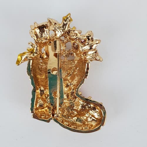 Vintage Goldtone & Multicolor Rhinestones Santas Boot Christmas Pin Brooch - Thumbnail 2