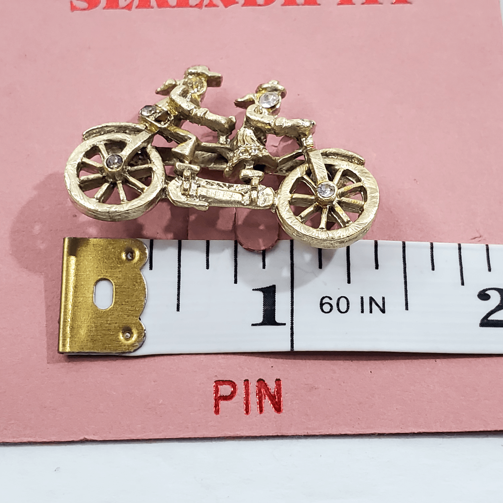 Vintage Serendipity Gold Tone Metal Clear Rhinestones Double Bicycle Brooch Pin - Thumbnail 3