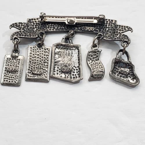 Vintage Signed JJ Jonette Pewter Metal Born To Shop 5 Dangle Charm Brooch Pin - Thumbnail 2