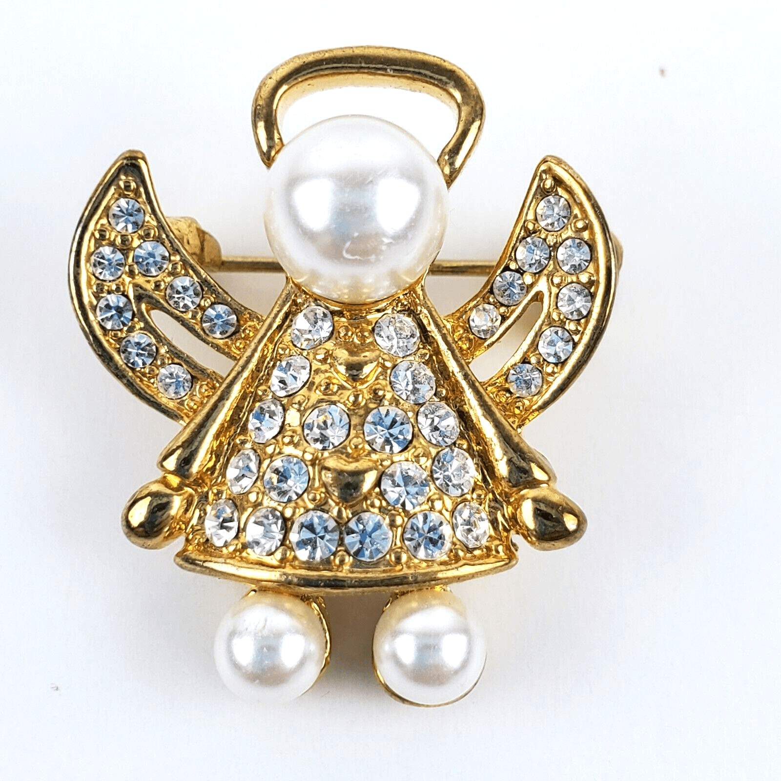 Vintage Small Gold Tone Metal Faux Pearls Clear Rhinestones Angel Brooch Pin