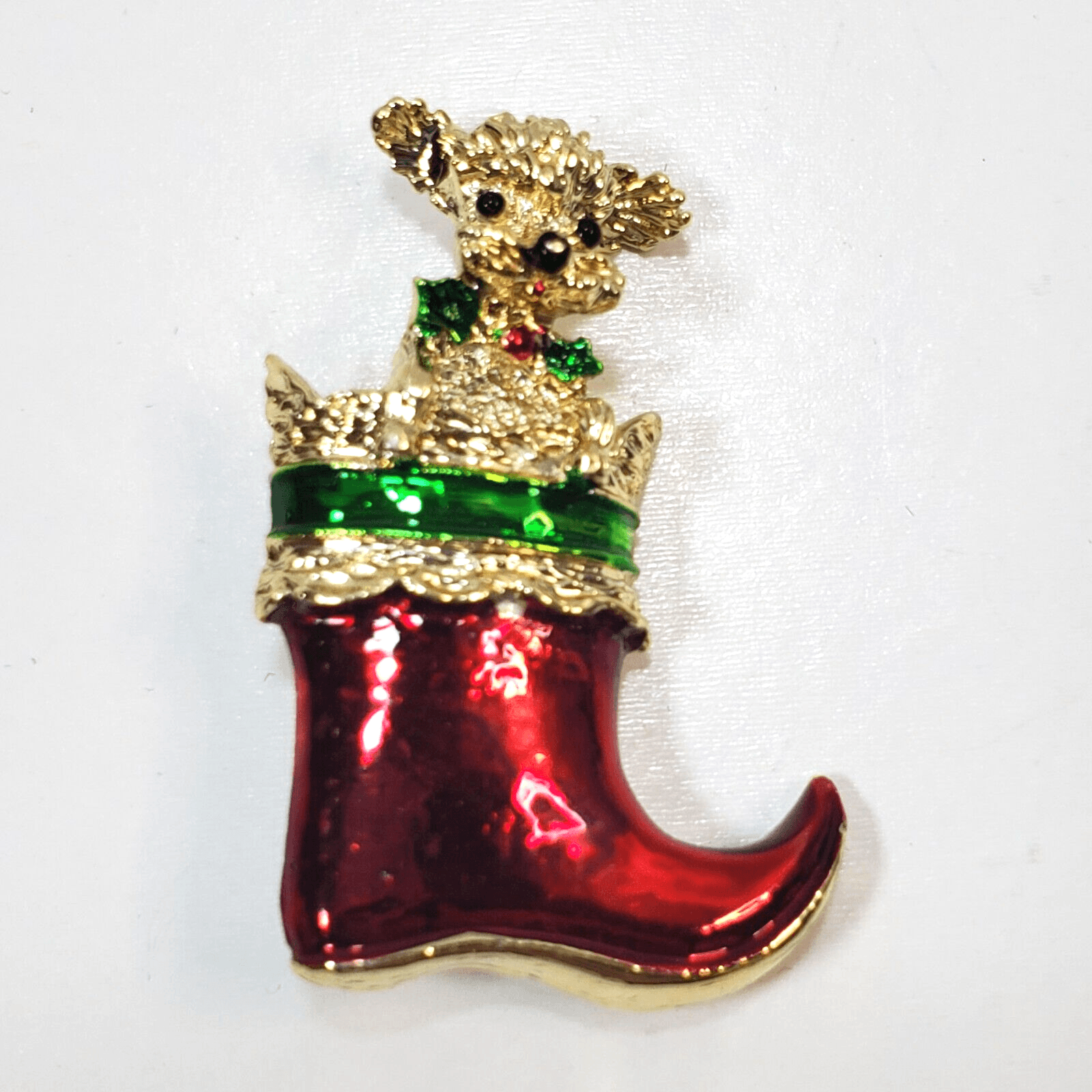 Vintage Gerry's Gold Tone Red Green Enamel Dog In Stocking Christmas Brooch Pin