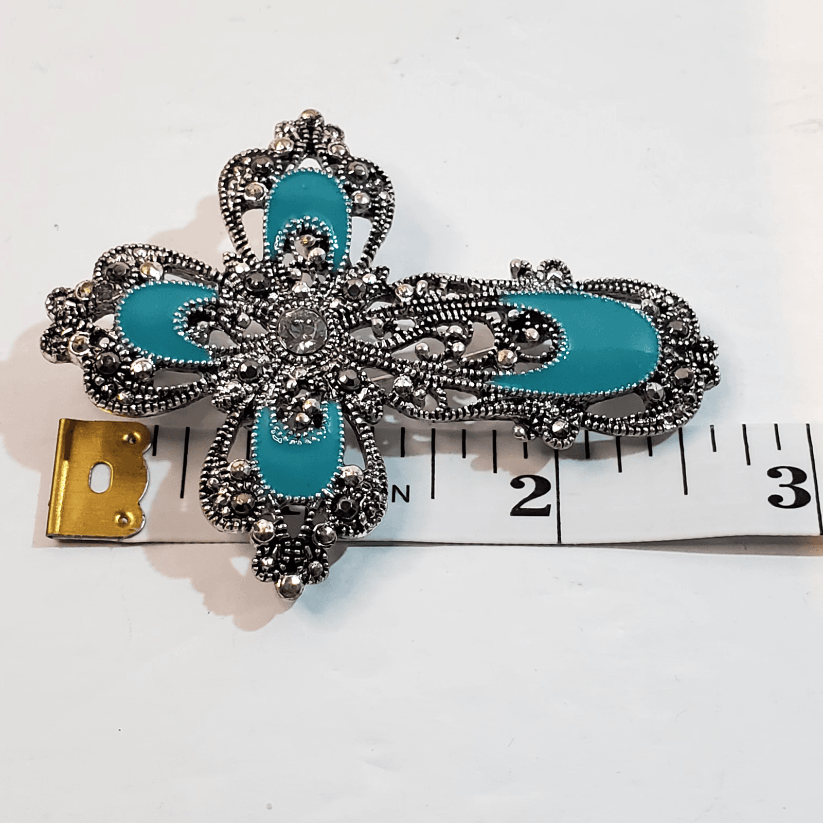 Pewter Tone Textured Metal Enamel Rhinestone Cross Religious Brooch Pin Pendant - Thumbnail 3