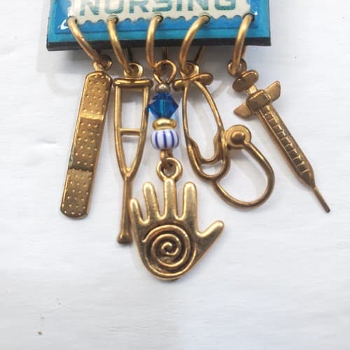 Vintage USPS Resin Metal Nursing Postage Stamp Brooch Pin with Dangle Charms - Thumbnail 2