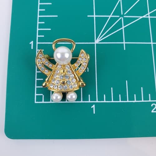 Vintage Small Gold Tone Metal Faux Pearls Clear Rhinestones Angel Brooch Pin - Thumbnail 3