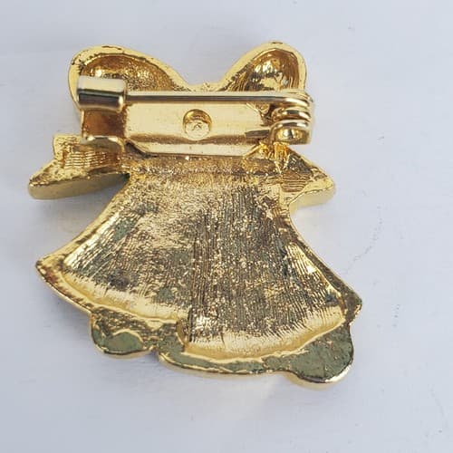 Gold Tone Red Green Silver Sparkle Enamel Christmas Bells Ribbon Brooch Pin - Thumbnail 2