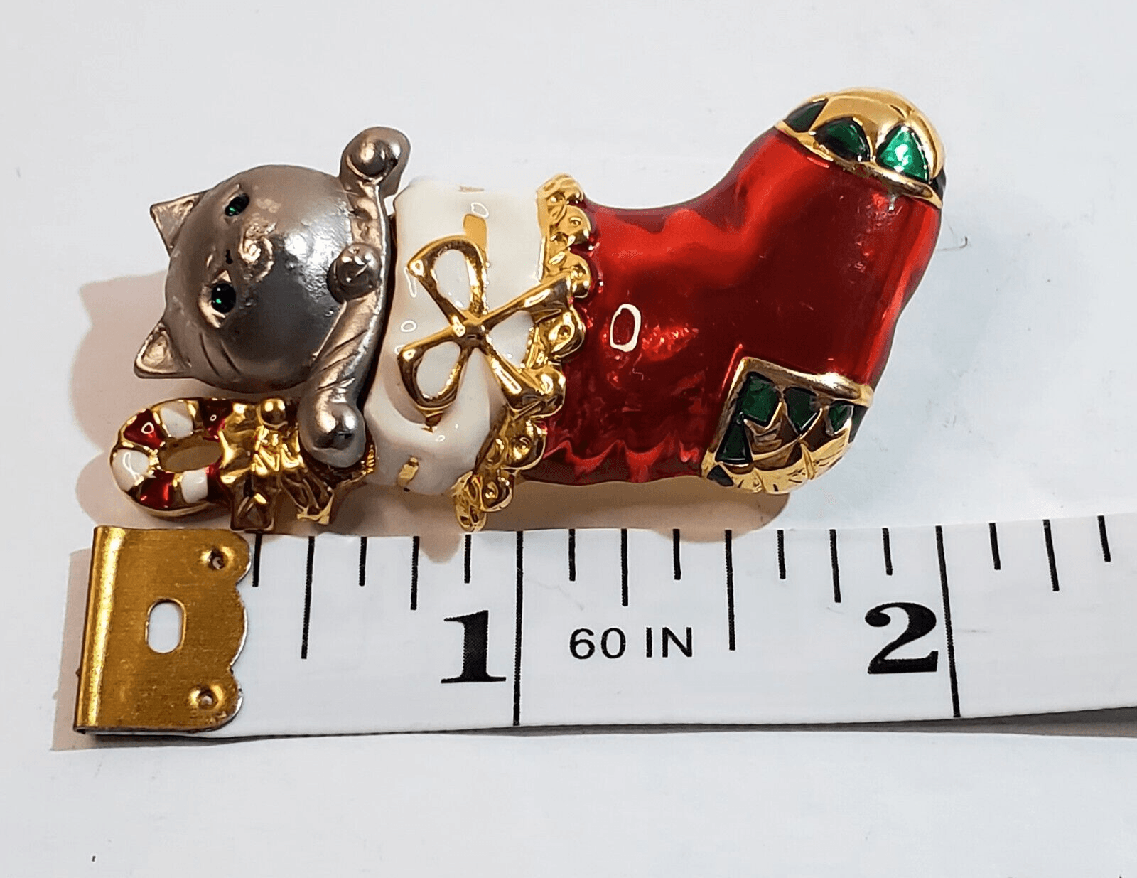 Vtg Danecraft Gold Silver Tone Metal Enamel Cat in Stocking Christmas Brooch Pin - Thumbnail 3
