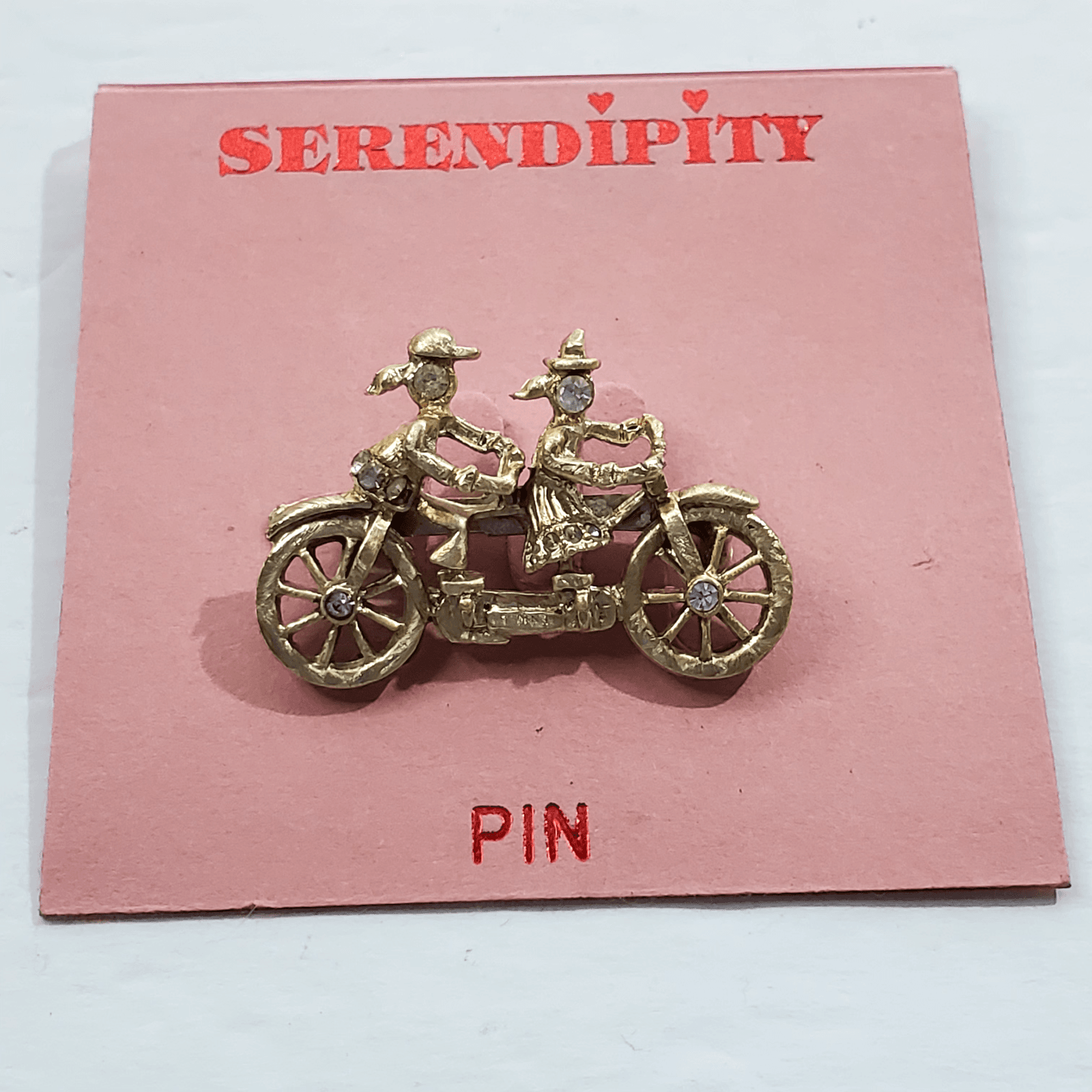 Vintage Serendipity Gold Tone Metal Clear Rhinestones Double Bicycle Brooch Pin