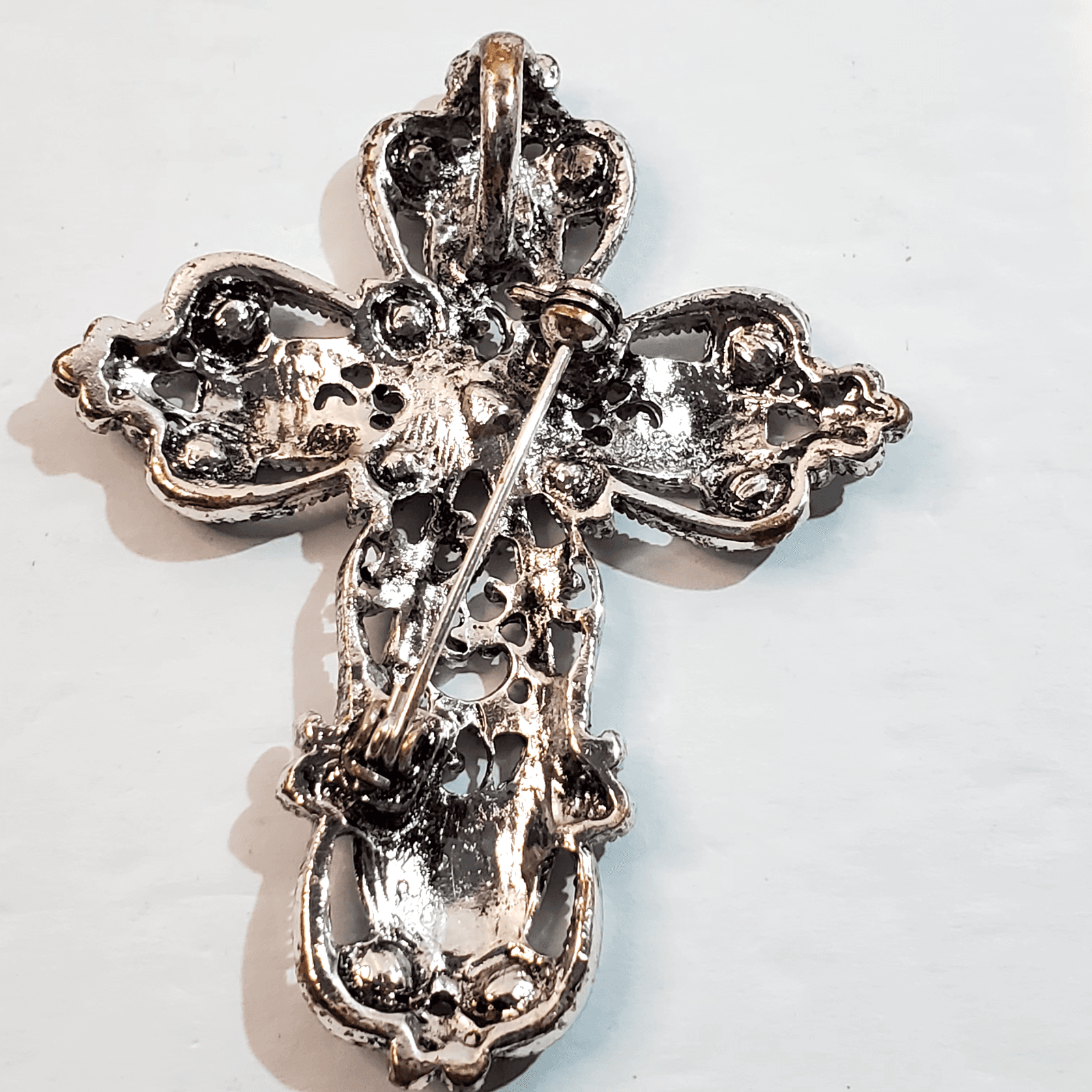 Pewter Tone Textured Metal Enamel Rhinestone Cross Religious Brooch Pin Pendant - Thumbnail 2