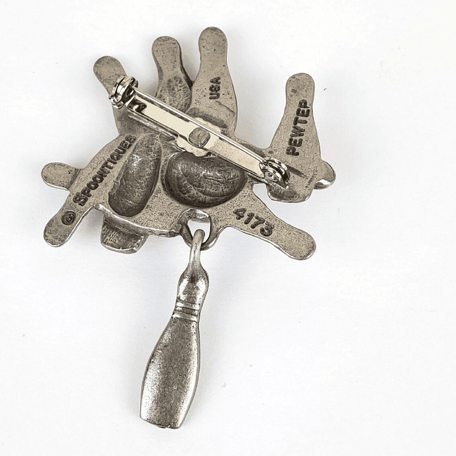 Vintage Pewter 4173 Spoontiques BOWLING Ball & Pins Charm Brooch Pin - Thumbnail 2
