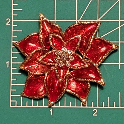 Gold Tone Metal Red Enamel Clear Rhinestones Pointsettia Flower Brooch Pin - Thumbnail 3