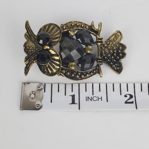 Brass Tone Black Faceted Rhinestones Owl Perched on Branch Brooch Pin Jewelry - Thumbnail 3