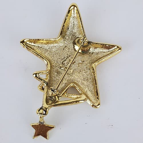 Vintage Signed AJC Brushed and Shiny Gold Tone Star Face Brooch Pin - Thumbnail 2