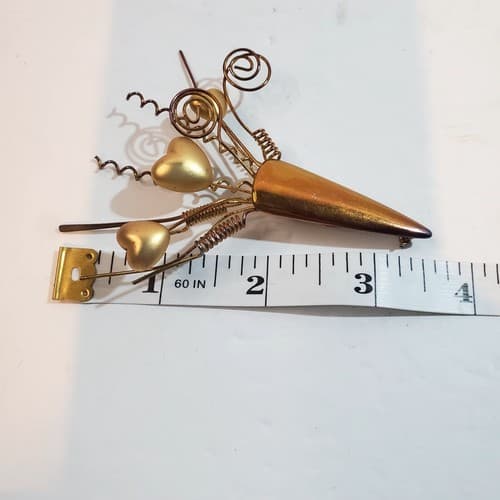 Vintage Gold Tone Wire Metal Hearts Bouquet Brooch Pin Whimsical Flowers - Thumbnail 3