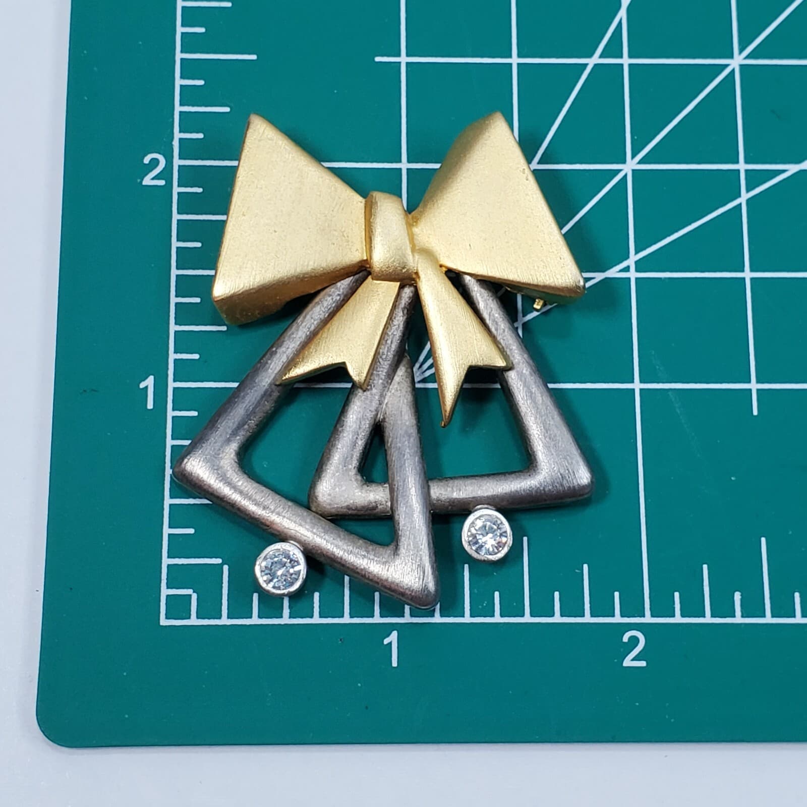 Matte Gold and Silver Tone Clear Rhinestones Bells Bow MCM Brooch Pin Jewelry - Thumbnail 3