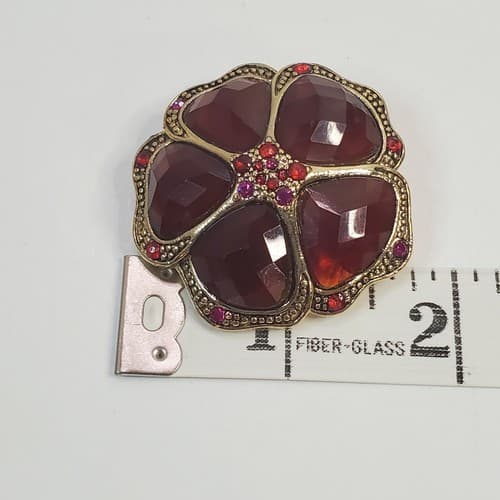 Vintage Liz Claiborne Gold Tone & Faceted Red Rhinestones Flower Brooch Pin - Thumbnail 4