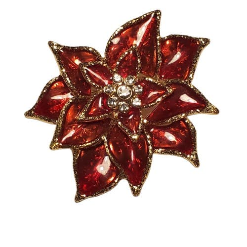 Gold Tone Metal Red Enamel Clear Rhinestones Pointsettia Flower Brooch Pin