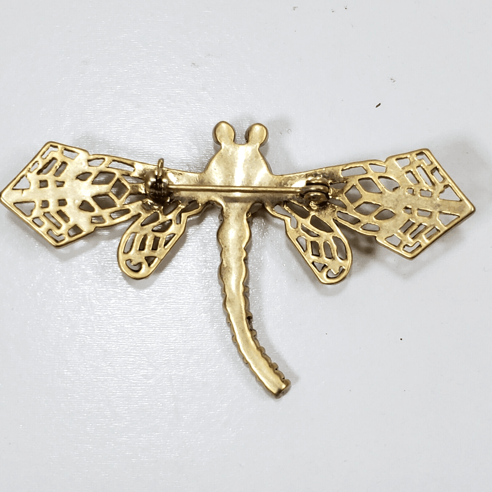Gold Tone Filigree Metal Amber Color Faceted Rhinestones Dragonfly Brooch Pin - Thumbnail 3