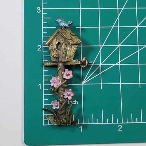 Vintage JJ Signed Birds Birdhouse Dangle Statement Metal Enamel Pin Brooch - Thumbnail 3