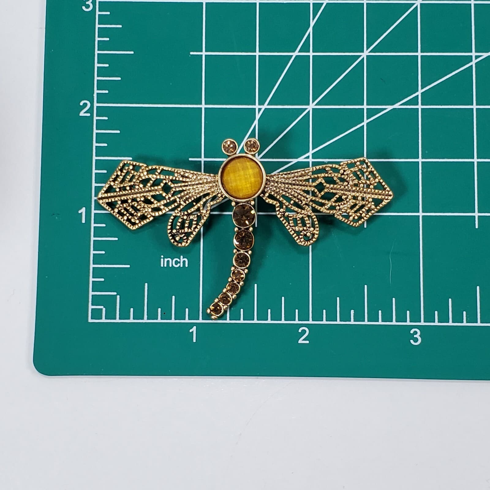 Gold Tone Filigree Metal Amber Color Faceted Rhinestones Dragonfly Brooch Pin - Thumbnail 4