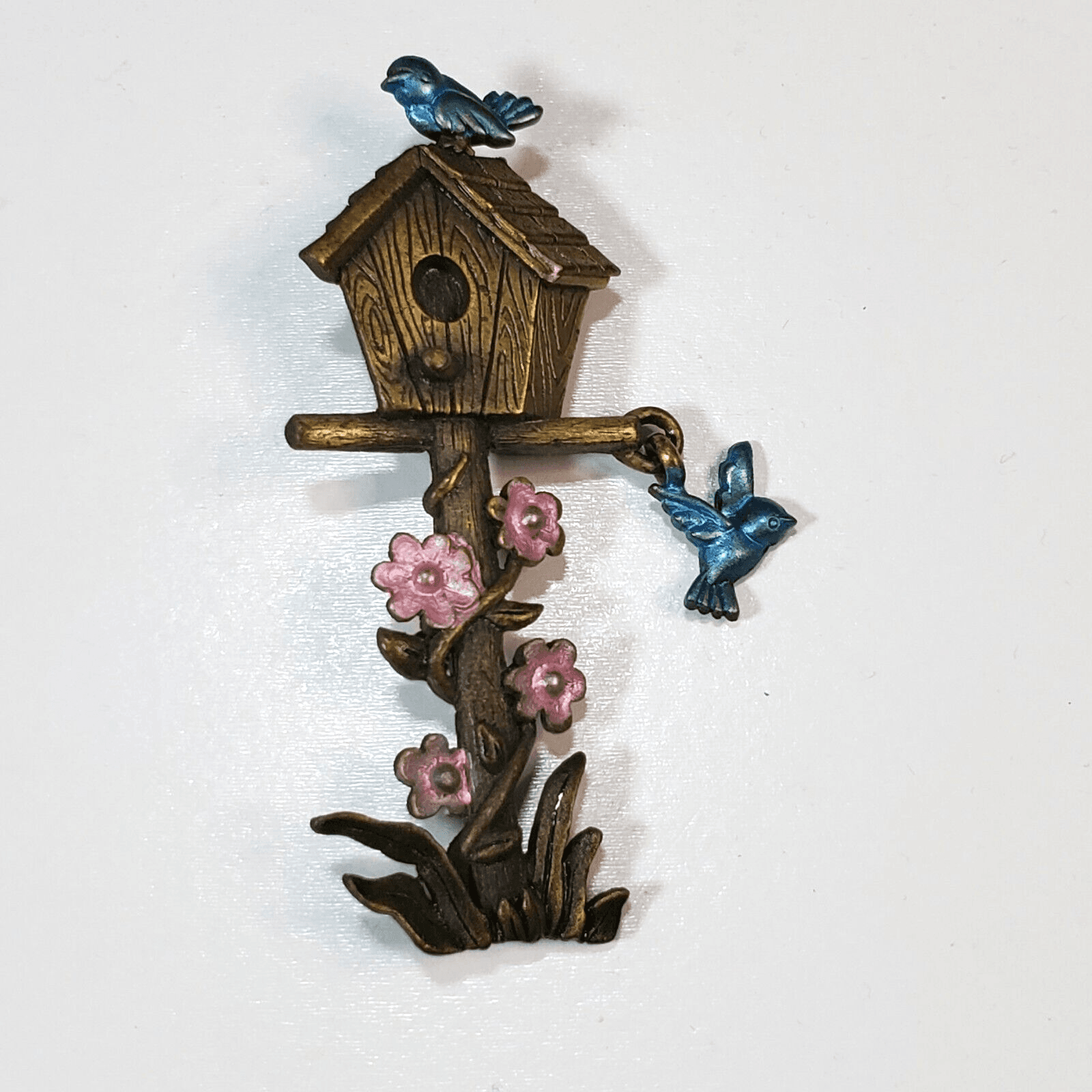 Vintage JJ Signed Birds Birdhouse Dangle Statement Metal Enamel Pin Brooch