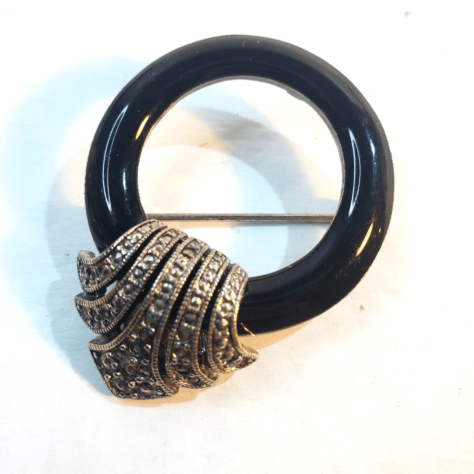 Vintage Jit Signed Lucite Circle Brooch Art Deco Revival Black & Silver Tone Pin