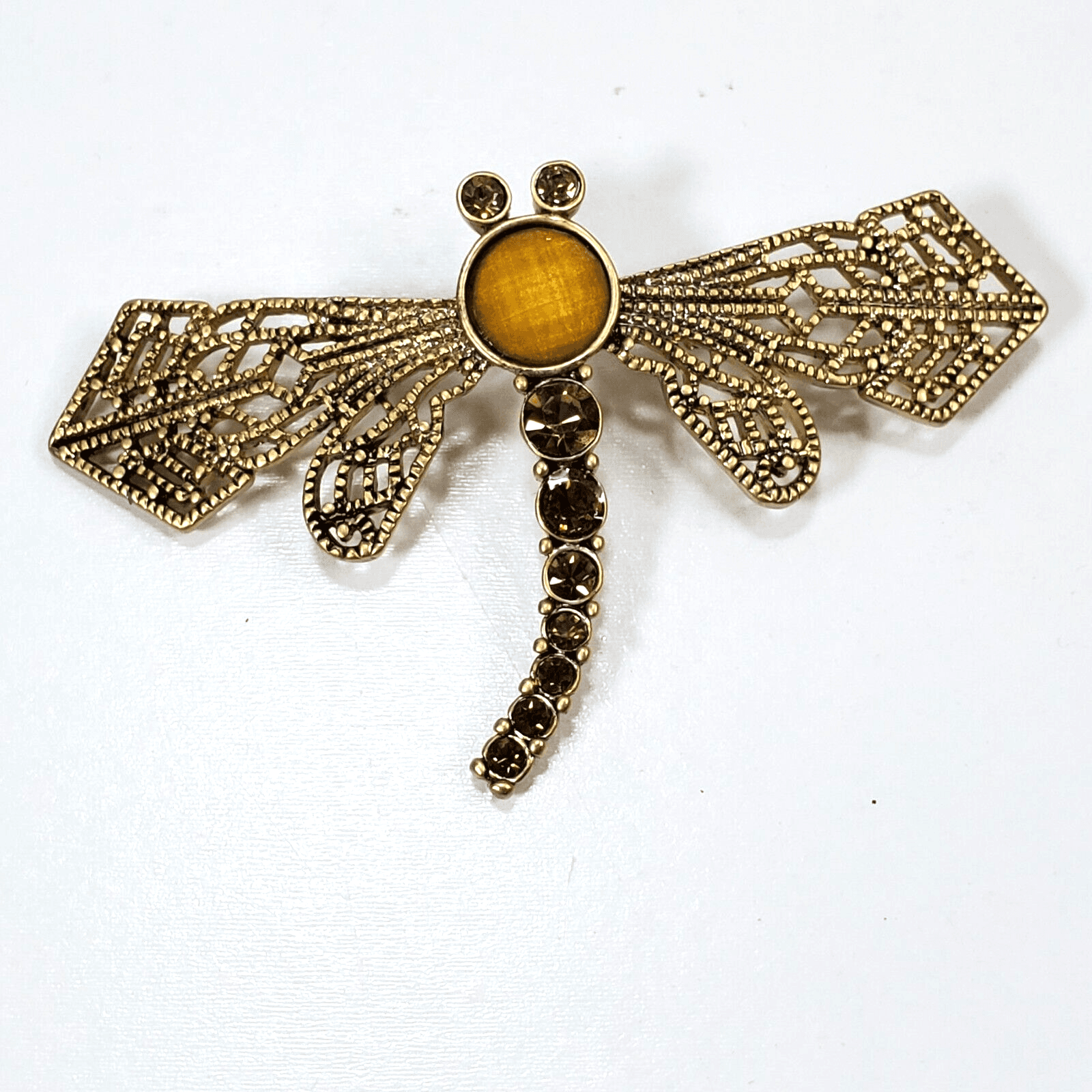 Gold Tone Filigree Metal Amber Color Faceted Rhinestones Dragonfly Brooch Pin