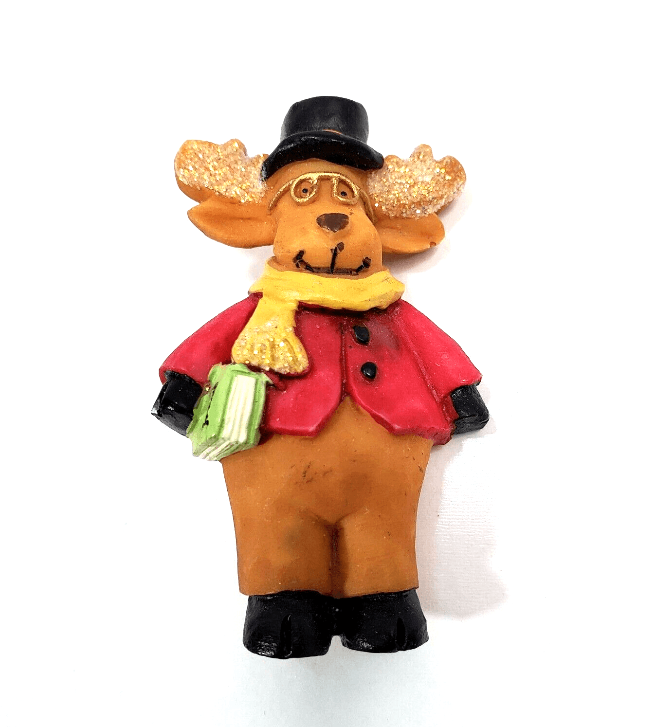 Vintage Winter Moose with Coat Hat Scarf Book Holiday Resin Pin Brooch