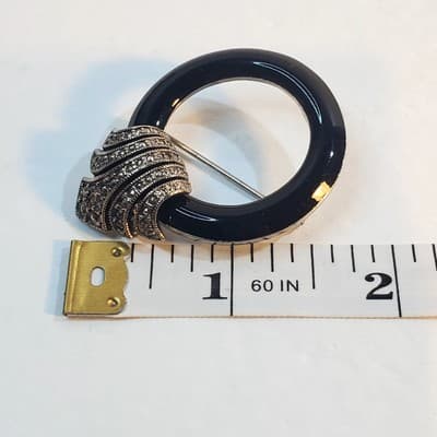 Vintage Jit Signed Lucite Circle Brooch Art Deco Revival Black & Silver Tone Pin - Thumbnail 6