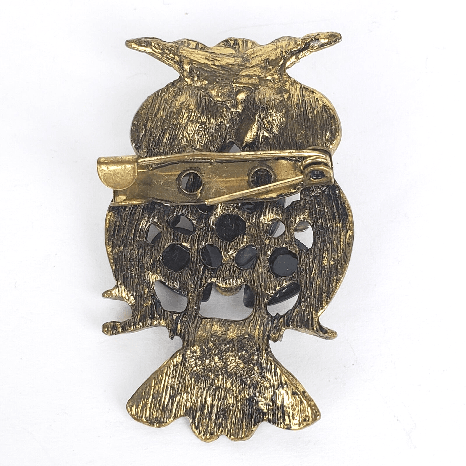 Brass Tone Black Faceted Rhinestones Owl Perched on Branch Brooch Pin Jewelry - Thumbnail 2