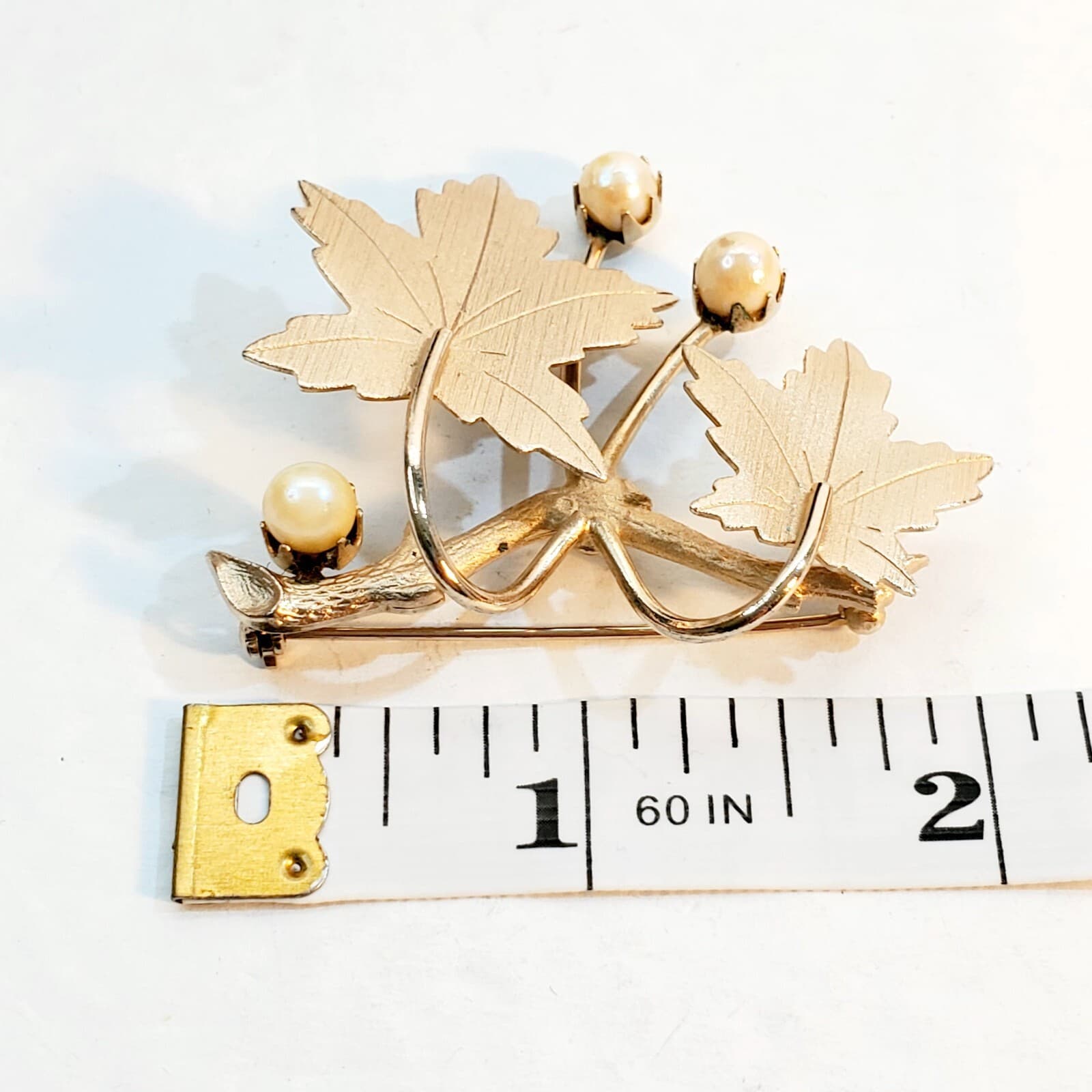 Vintage MCM Gold Tone Metal Leaf Leaves with Faux Pearl Flowers Brooch Pin - Thumbnail 6