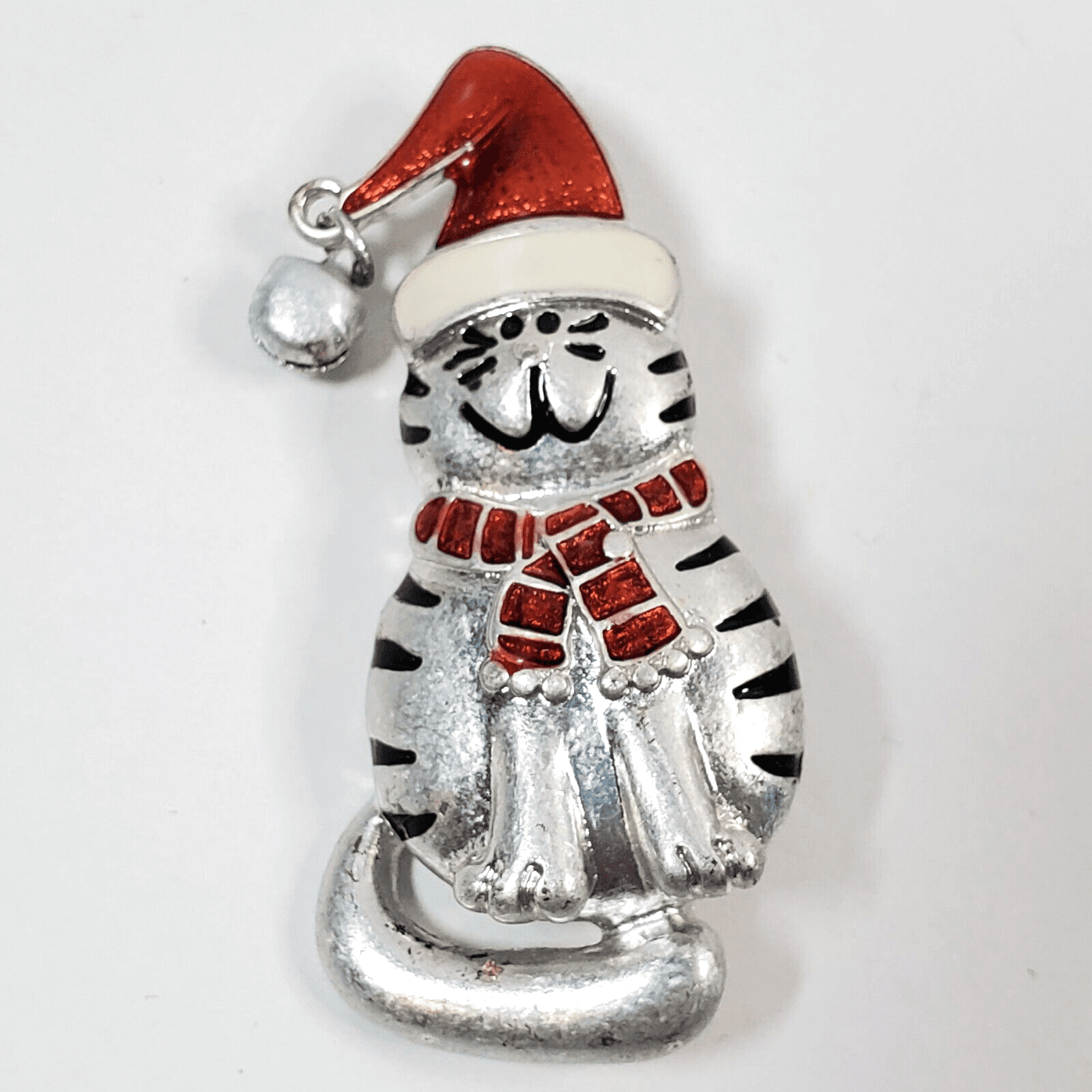 Silver Tone Metal Red White Enamel Christmas Cat Santa Hat Brooch Pin