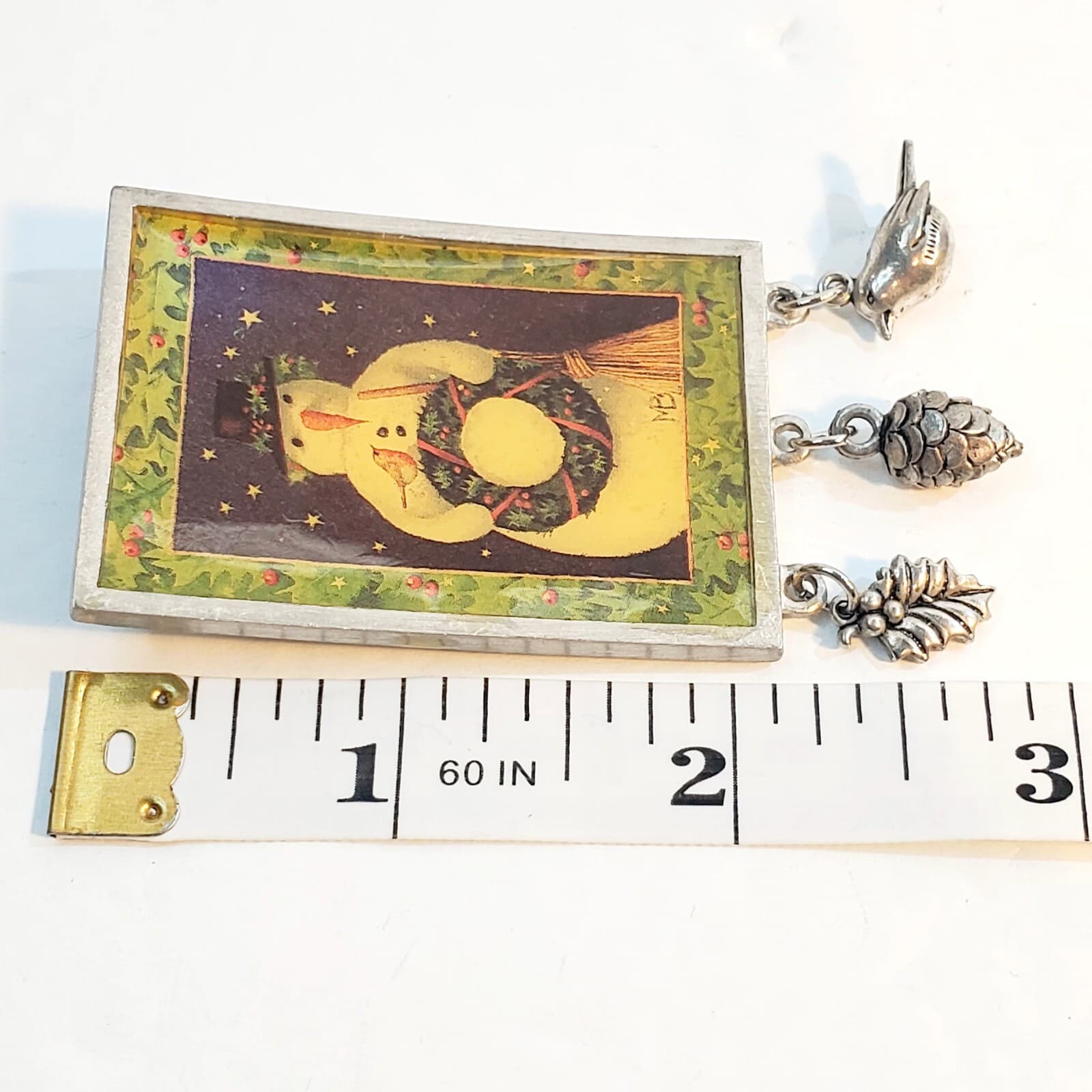 Vtg Signed Marjolein Bastin Enamel Lacquer Winter Snowman Dangle Charms Brooch - Thumbnail 3