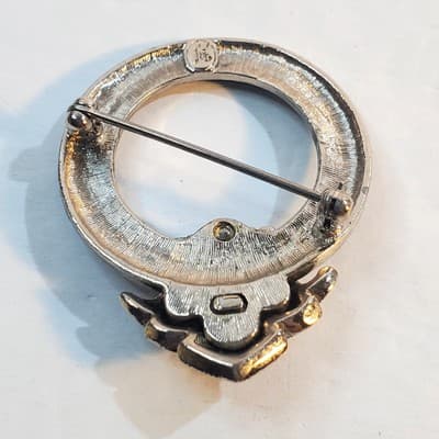 Vintage Jit Signed Lucite Circle Brooch Art Deco Revival Black & Silver Tone Pin - Thumbnail 3