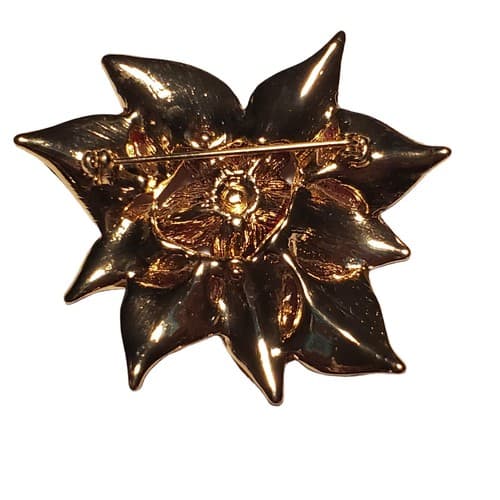Gold Tone Metal Red Enamel Clear Rhinestones Pointsettia Flower Brooch Pin - Thumbnail 2