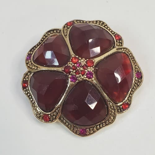 Vintage Liz Claiborne Gold Tone & Faceted Red Rhinestones Flower Brooch Pin