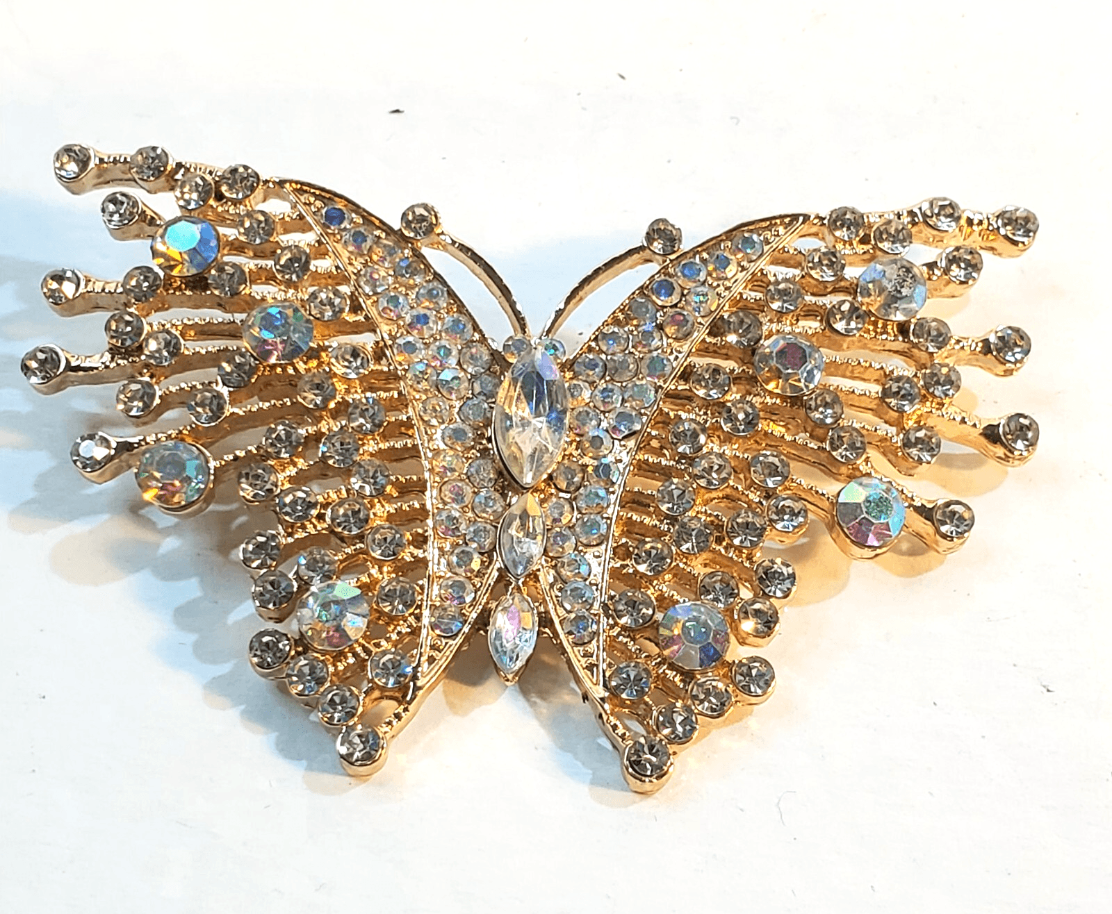 Vintage Gold Tone and Aurora Borealis Rhinestone Butterfly Brooch Pin