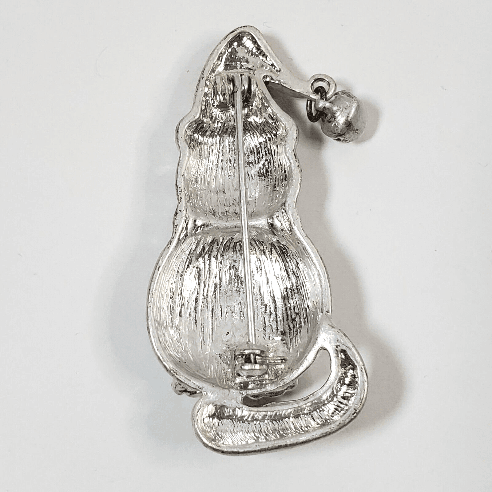 Silver Tone Metal Red White Enamel Christmas Cat Santa Hat Brooch Pin - Thumbnail 2