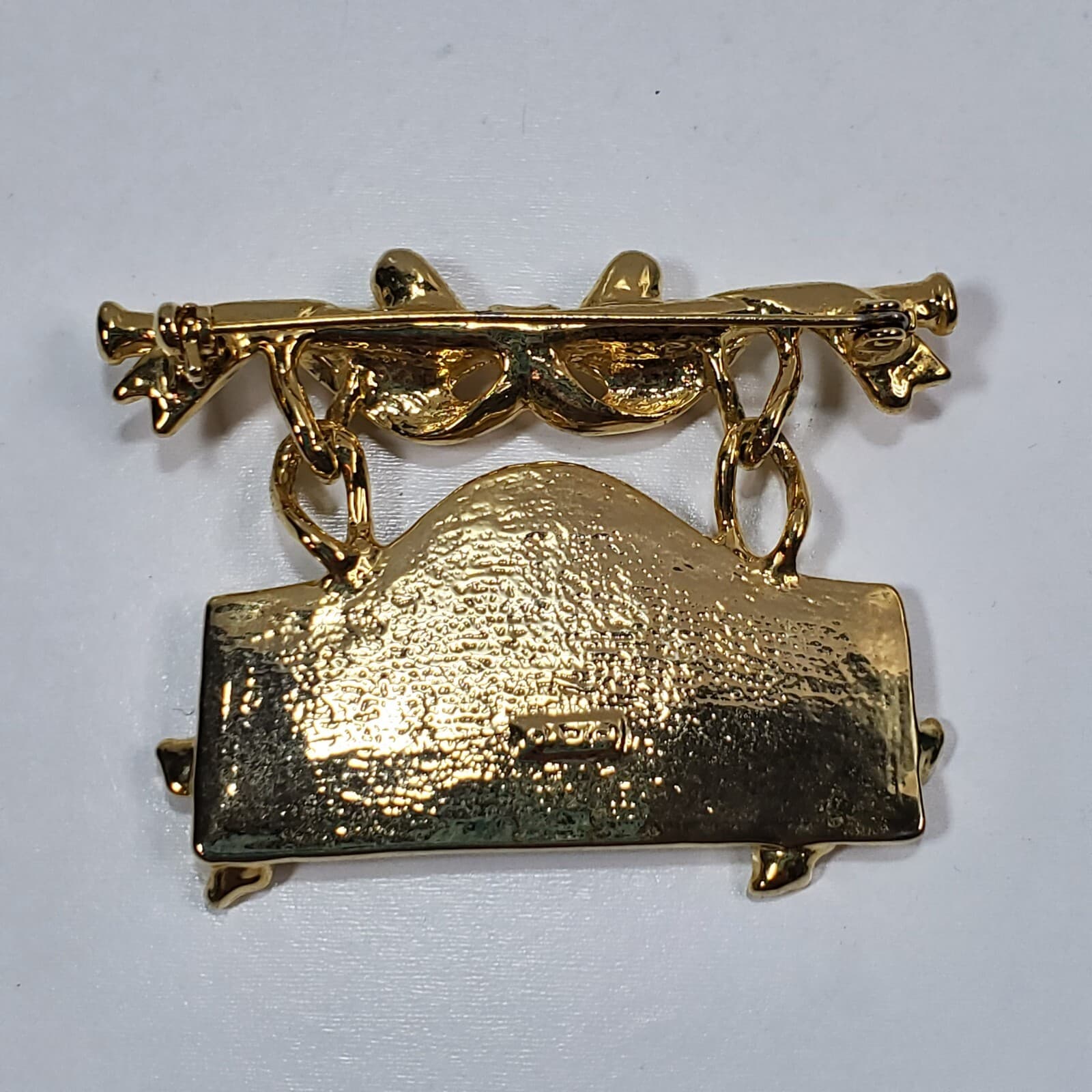 Vintage Signed AJC Gold Tone Hanging Merry Christmas Sign Holly Bow Brooch Pin - Thumbnail 2