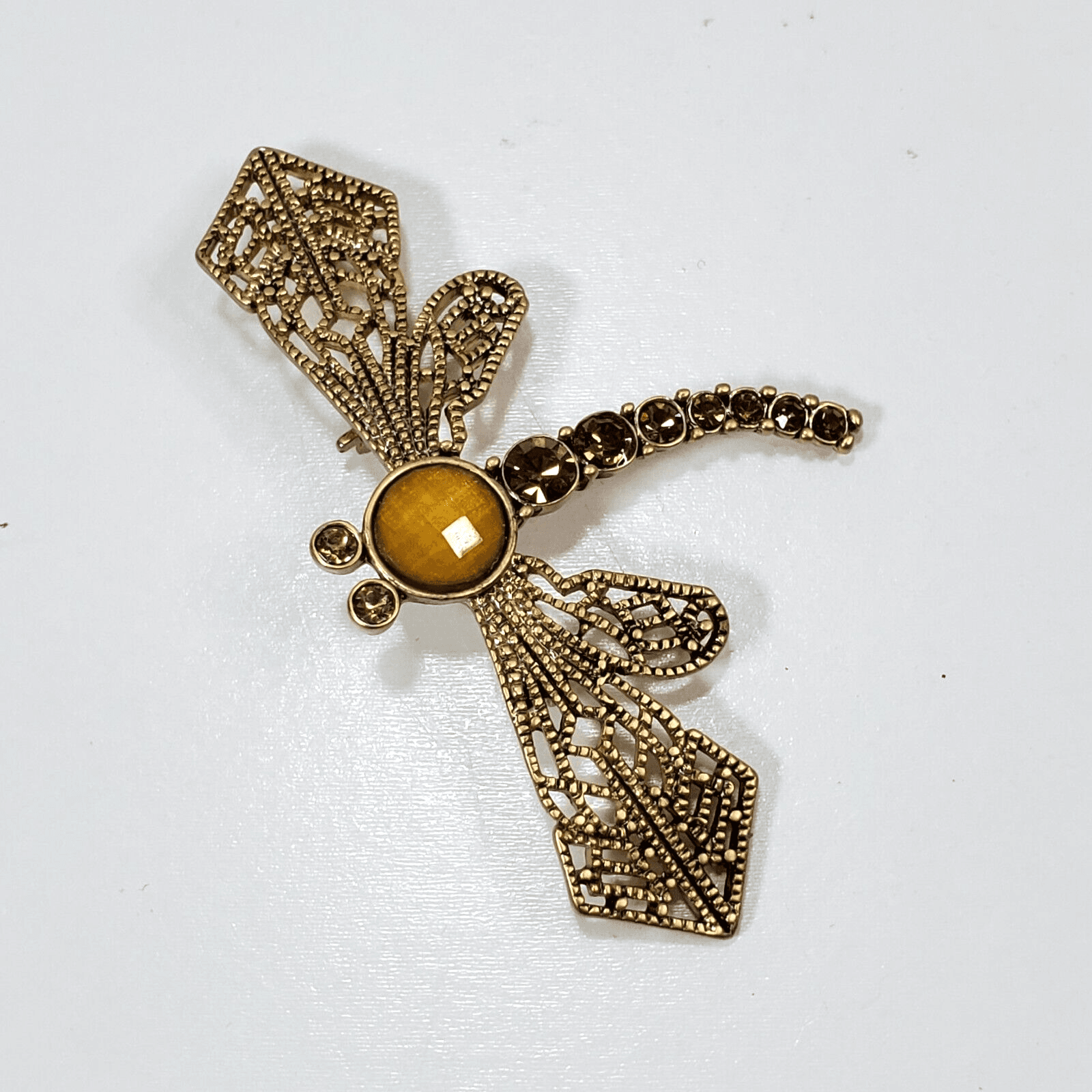 Gold Tone Filigree Metal Amber Color Faceted Rhinestones Dragonfly Brooch Pin - Thumbnail 2