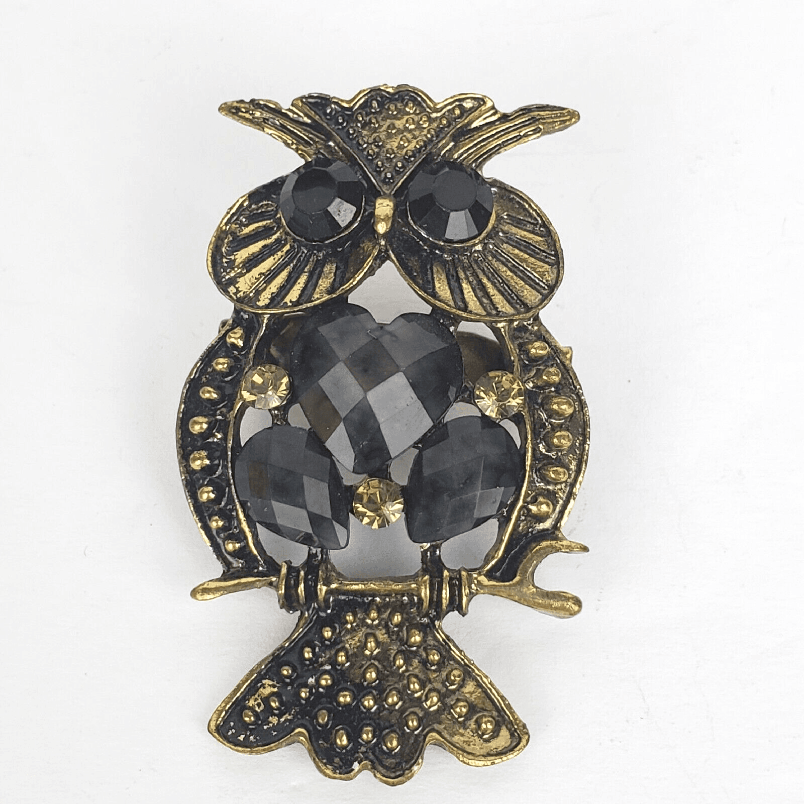 Brass Tone Black Faceted Rhinestones Owl Perched on Branch Brooch Pin Jewelry