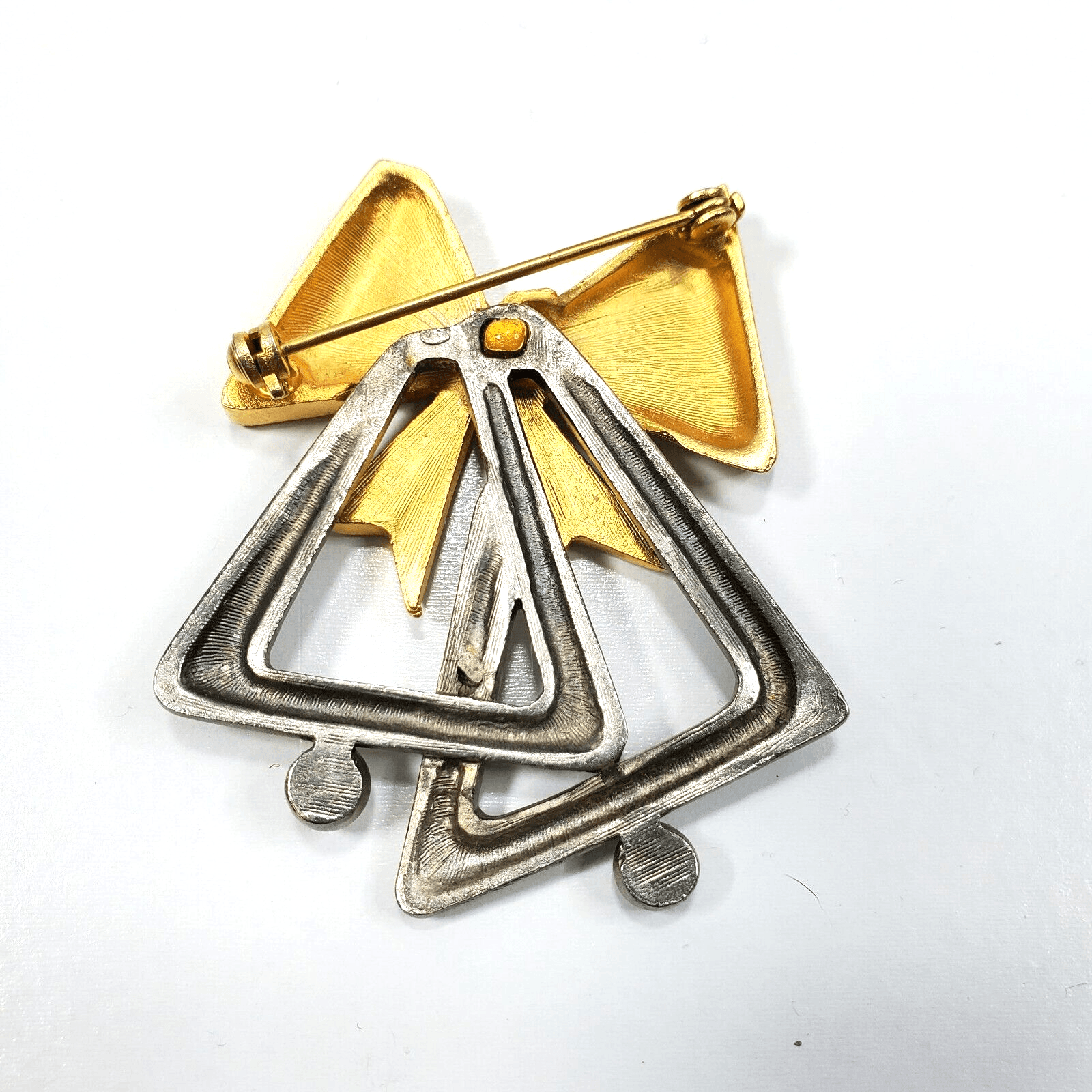 Matte Gold and Silver Tone Clear Rhinestones Bells Bow MCM Brooch Pin Jewelry - Thumbnail 2