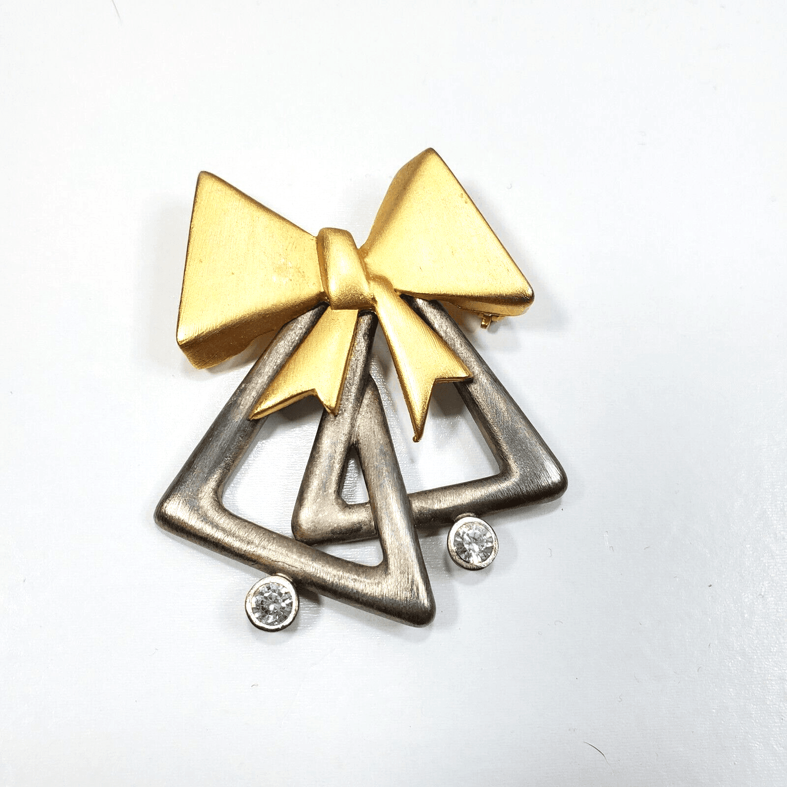 Matte Gold and Silver Tone Clear Rhinestones Bells Bow MCM Brooch Pin Jewelry