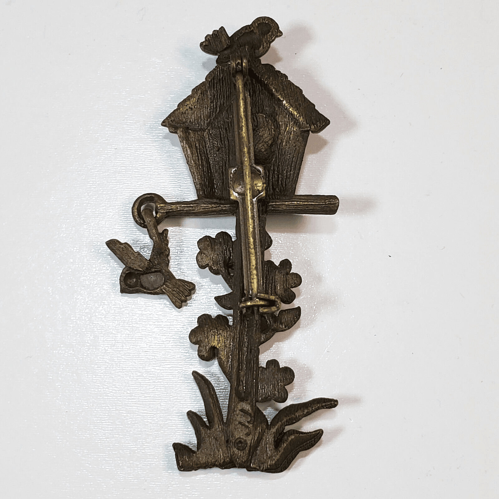 Vintage JJ Signed Birds Birdhouse Dangle Statement Metal Enamel Pin Brooch - Thumbnail 2
