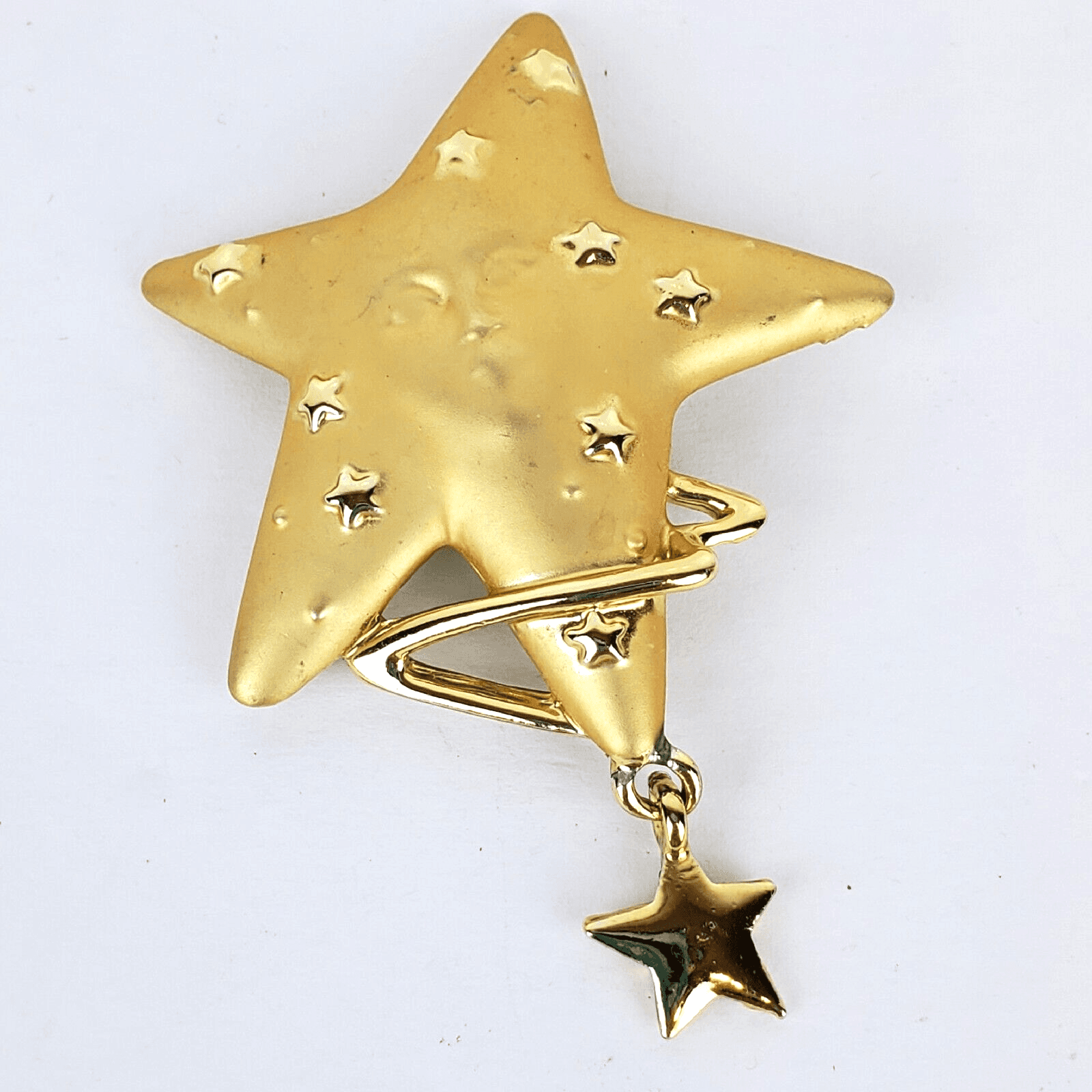 Vintage Signed AJC Brushed and Shiny Gold Tone Star Face Brooch Pin