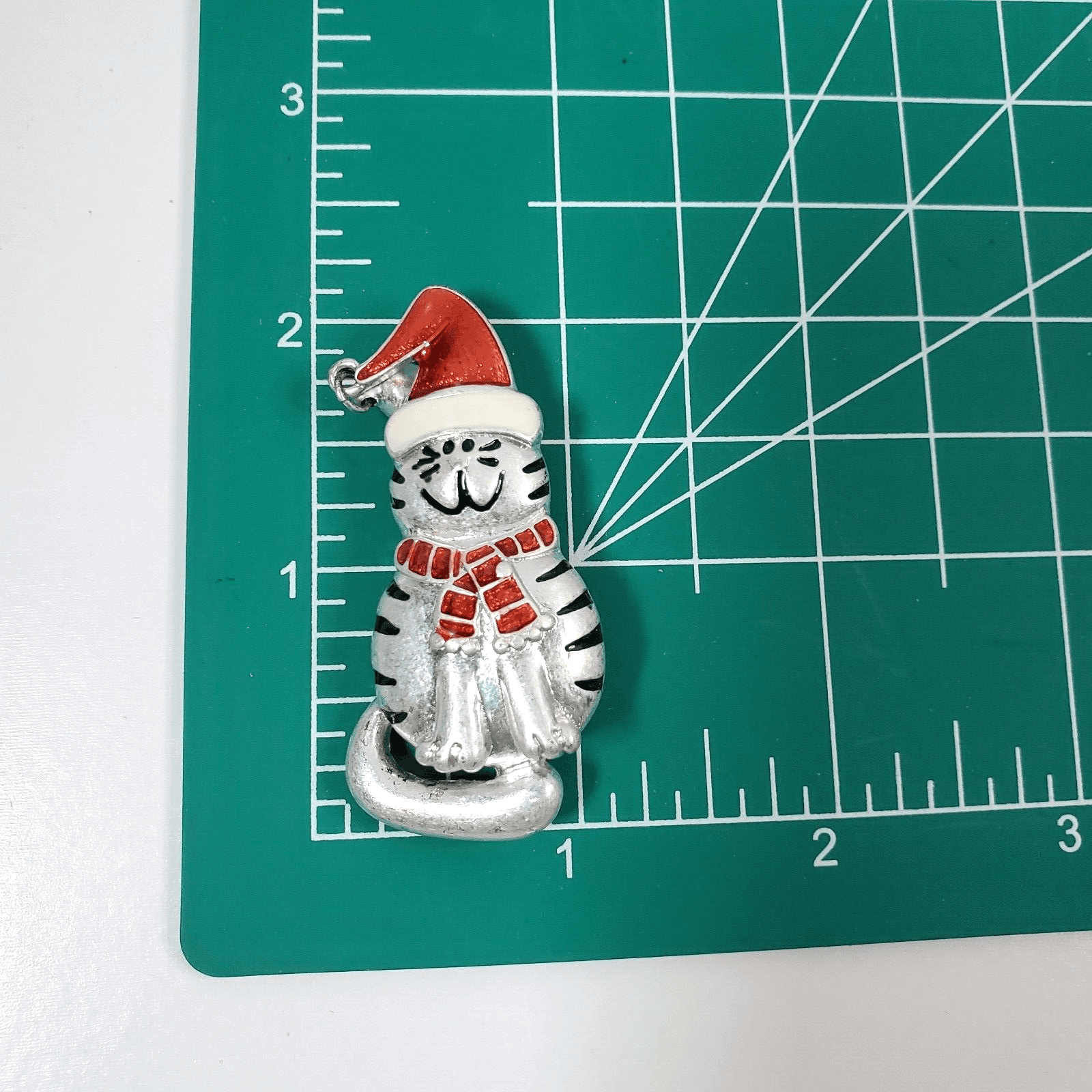 Silver Tone Metal Red White Enamel Christmas Cat Santa Hat Brooch Pin - Thumbnail 3