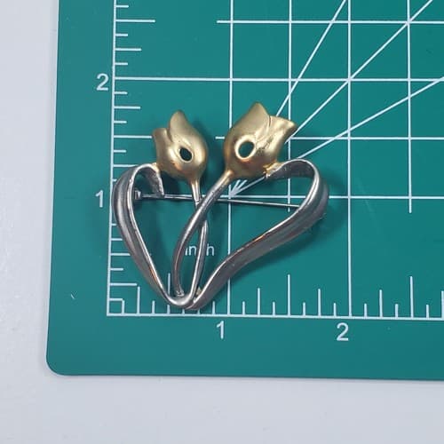 Matte Silver Tone & Gold Tone Metal Tulip Flower Brooch Pin Spring Floral - Thumbnail 3