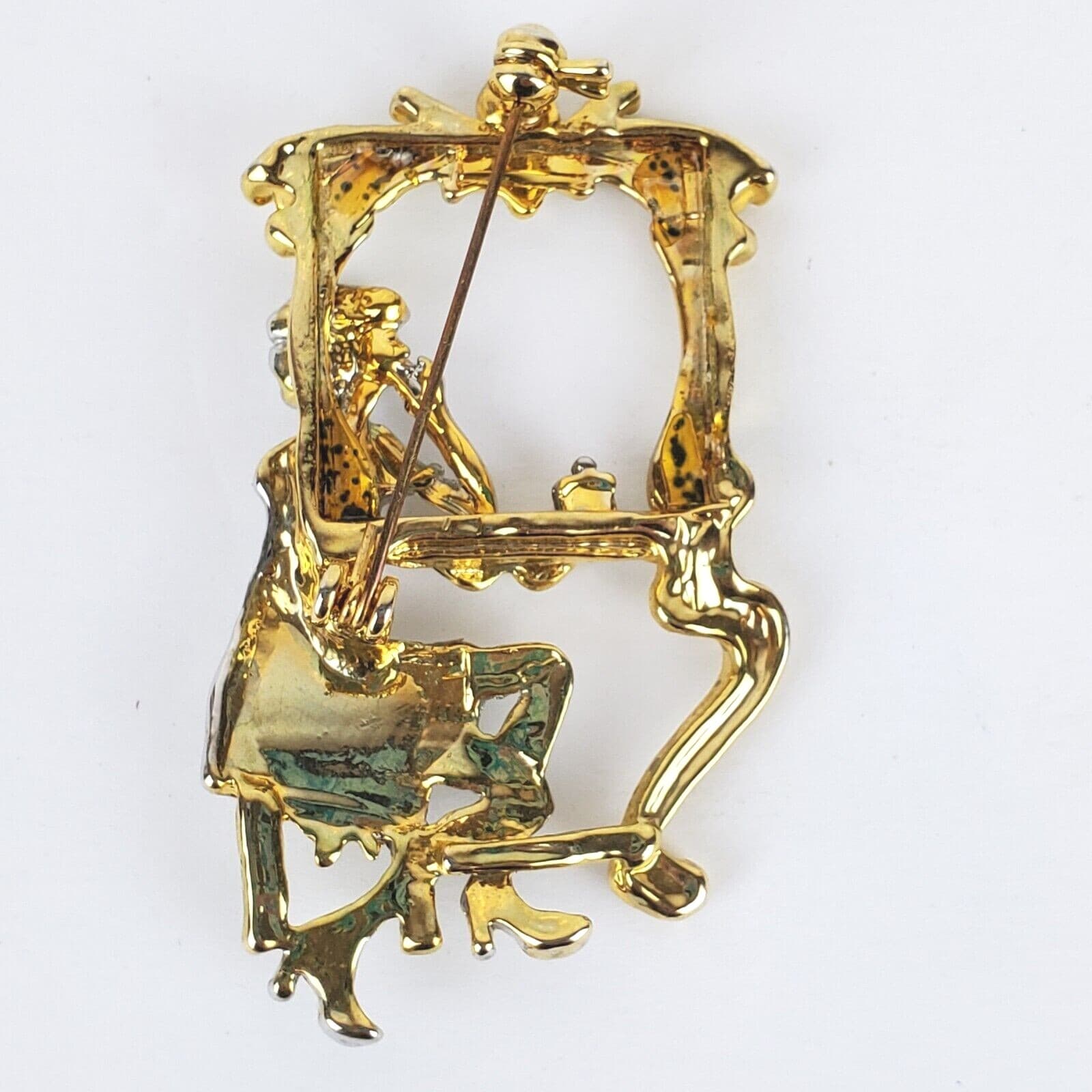 Vintage Art Deco Silver Gold Metal Woman Sitting at Vanity Mirror Brooch Pin - Thumbnail 2