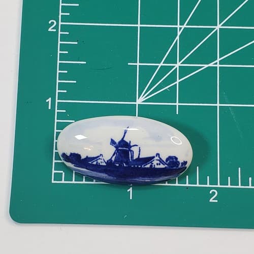 Vintage Blue Delft Holland Pottery Porcelain Oval Windmill Pin Brooch - Thumbnail 3