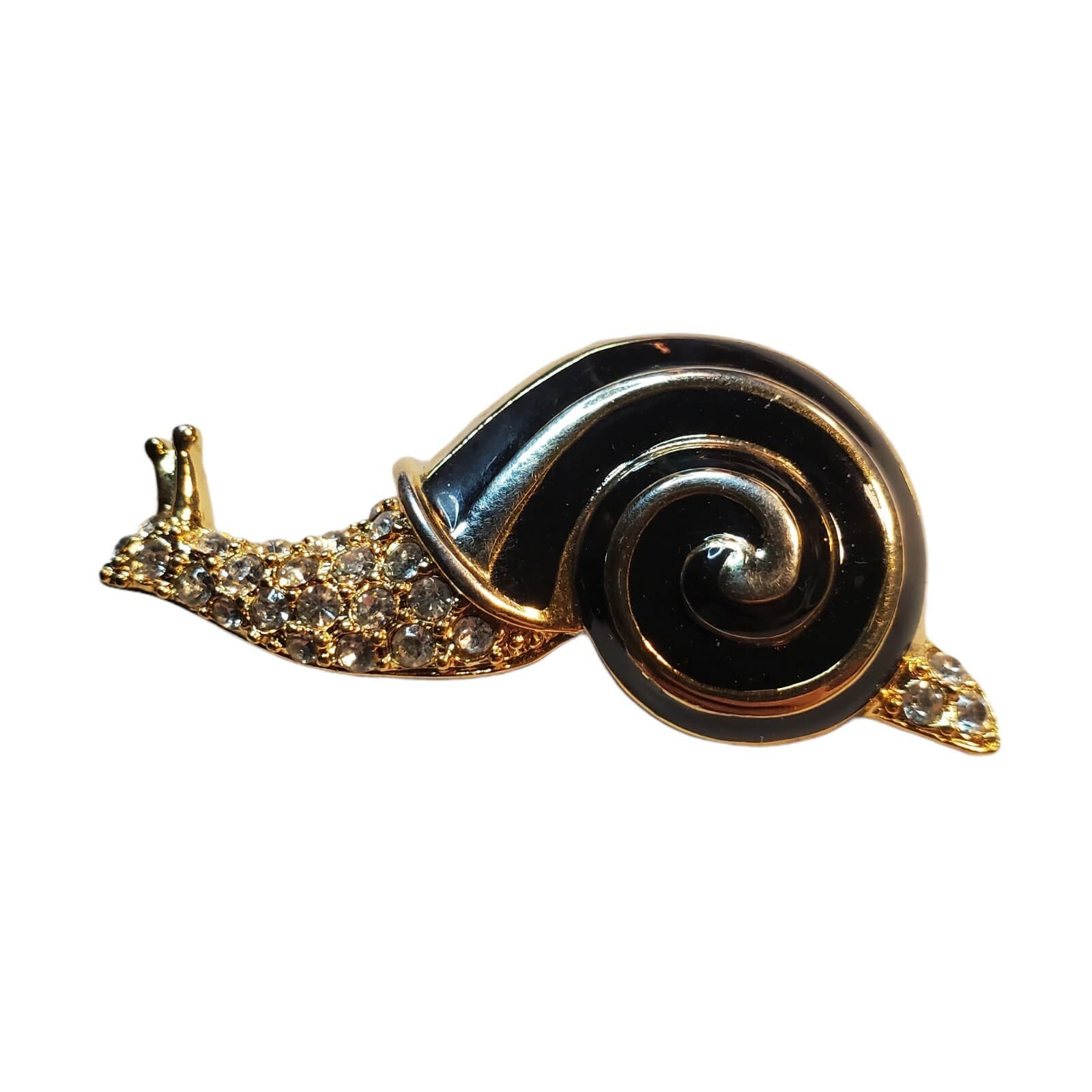 Deidre Hall Signed Snail Pin Brooch Gold Tone Metal Enamel & Rhinestones