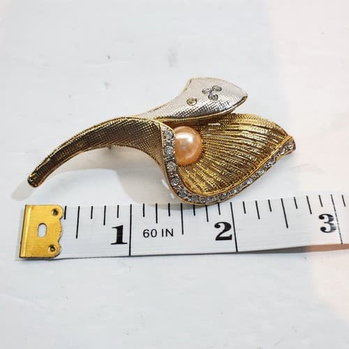 Vintage Gold Silver Tone Metal Faux Pearl Rhinestone Cala Lily Flower Brooch Pin - Thumbnail 4